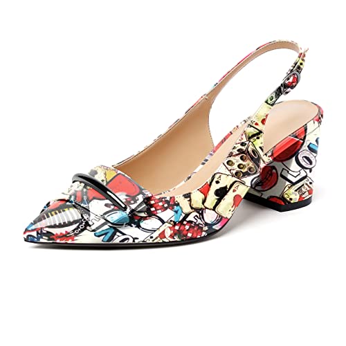 Elashe Damen Slingback Blockabsatz Pumps 6.5CM'' Spitze Sandalen Sommer Sexy Hochzeit Schuhe Multicolor EU41 von Elashe