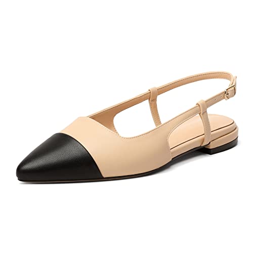 Elashe Damen Slingback Flach Pumps Ballerinas Spitze Zehen Sandaletten Niedrige Absatz Knöchelriemen Büroschuhe 2CM Beige EU45 von Elashe