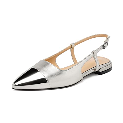 Elashe Damen Slingback Flach Pumps Ballerinas Spitze Zehen Sandaletten Niedrige Absatz Knöchelriemen Büroschuhe 2CM Silber EU40 Elashe Damen Slingback Flach Pumps Ballerinas Spitze Zehen Sandaletten Niedrige Absatz Knöchelriemen Büroschuhe 2CM Silber EU40 von Elashe