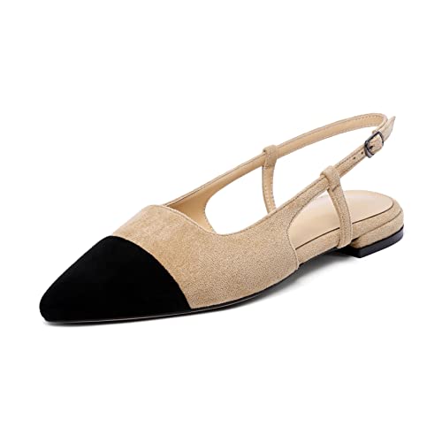 Elashe Damen Slingback Flach Pumps Ballerinas Spitze Zehen Sandaletten Niedrige Absatz Knöchelriemen Büroschuhe 2CM Wildleder Schwarz Beige EU40 von Elashe