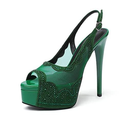 Elashe Damen Slingback High Heels Mesh Peeptoe Spitzenblume Pumps Plateau Strass Stilettos Grün EU36 von Elashe