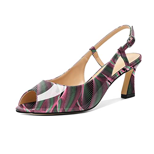 Elashe Damen Slingback Kitten Heels Niedriger Absatz Peep Toe Pumps Slingback Sandalen Kleid Schuhe Knöchelriemen Pump Hochzeit Büro Lackleder Schuhe 6.5CM Welle EU37 von Elashe