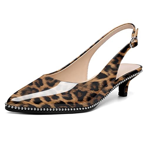 Elashe Damen Slingback Kitten Heels Spitzen Zehen Pumps Knöchelriemchen Sandalen Geschlossen Abendschuhe mit Perlen Leopard EU37 von Elashe