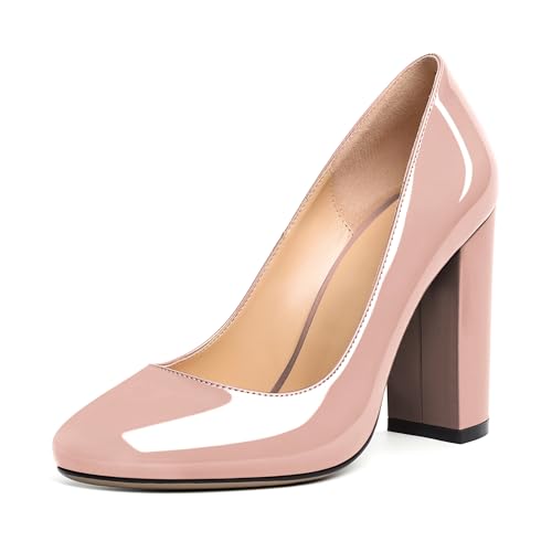 Elashe Damen Slip-On Pumps 10 cm Blockabsatz Runde Zehe Mattleder Geeignet für Casual Arbeit Hochzeiten Gala Klassische Damen High Heels Lack Akt EU39 von Elashe