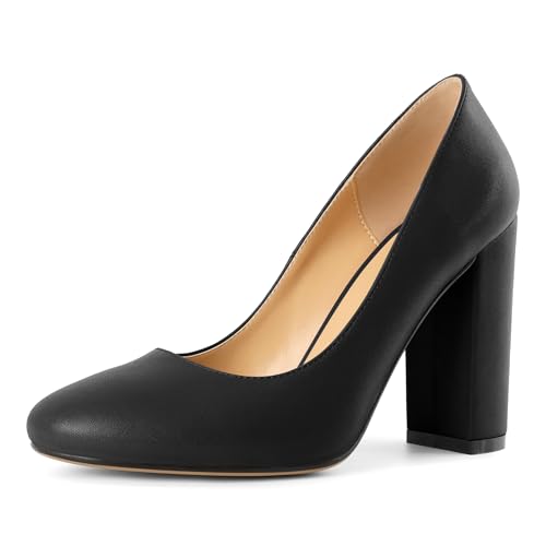 Elashe Damen Slip-On Pumps Mattleder Runde Zehe 10 cm Blockabsatz Großartig für Casual Arbeit Hochzeiten Gala Modische Damen High Heels Matt Schwarz EU43 von Elashe