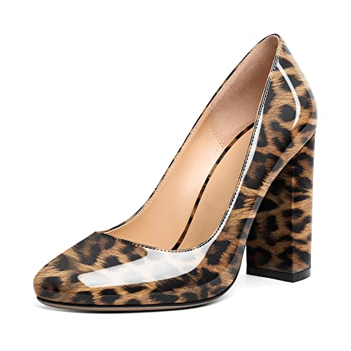 Elashe Damen Slip-On Pumps mit 10 cm Blockabsatz Rundem Zeh Mattleder Vielseitig für Casual Arbeit Hochzeiten Gala Stilvolle Damen High Heels Lack Leopard EU35 von Elashe