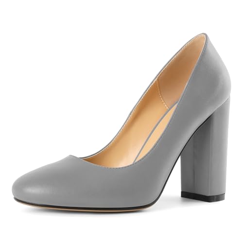 Elashe Damen Slip-On Pumps mit 10 cm Blockabsatz Rundem Zeh Mattleder Vielseitig für Casual Arbeit Hochzeiten Gala Stilvolle Damen High Heels Mattgrau EU35 von Elashe