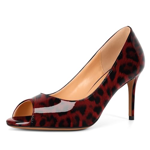 Elashe Damen Slip On Pumps mit 8 cm Stiletto Absatz Peep Toe Elegante Stil für Hochzeitsbräute Feste & Professionelles Selbstbewusstsein Leopard Rot EU41 von Elashe