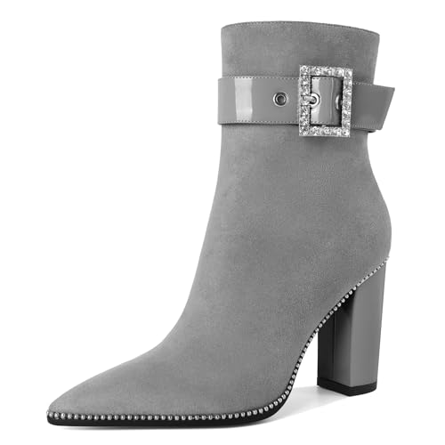 Elashe Damen Stiefeletten mit Blockabsatz 3.7 Inch Hoch Heel Reißverschluss Bequeme Stiefel Grau EU38 von Elashe