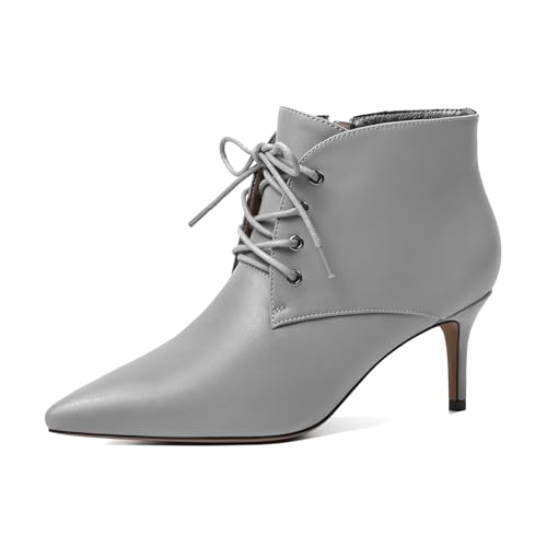 Elashe Damen Stiefeletten mit kitten heels spitzer Zehe und Reißverschluss mit Kätzchenabsatz Schnüren Stiefel 6.5CM Grau EU45 von Elashe