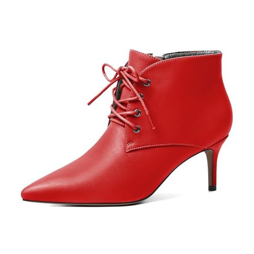 Elashe Damen Stiefeletten mit kitten heels spitzer Zehe und Reißverschluss mit Kätzchenabsatz Schnüren Stiefel 6.5CM Rot EU40 von Elashe