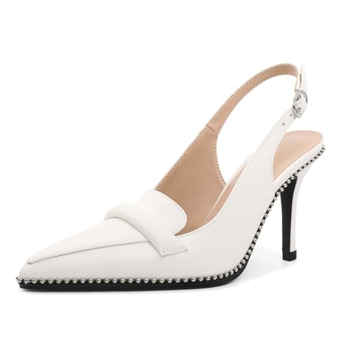 Elashe Damen Vielseitige Stiletto Absatz Pumps 9 cm Hoher Absatz Slingback Perlen & Spitzzahn Patentleder Elegant für Hochzeit Party Arbeit Weiß PU EU39 von Elashe