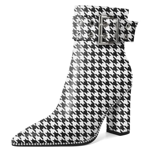 Elashe Damen spitze Zehe 9,5 CM hohe Blockabsatz Schnalle Dekoration Stiefelette bequemer Reißverschluss Winterstiefel Hahnentritt EU 39 von Elashe