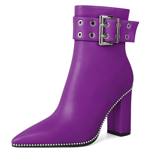 Elashe Damen spitze Zehe 9,5 CM hohe Blockabsatz Schnalle Dekoration Stiefelette bequemer Reißverschluss Winterstiefel Lila EU 44 von Elashe
