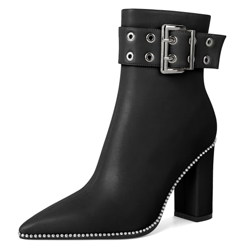 Elashe Damen spitze Zehe 9,5 CM hohe Blockabsatz Stiefel Schnalle Dekoration Stiefelette bequemer Reißverschluss Winterstiefel Schwarz EU41 von Elashe