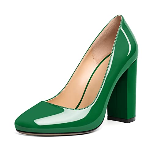 Elashe - Damenchuhe - High Heel Pumps - Blockabsatz - 10CM - Runde Spitze - große Größe - Pumps Grün EU38 von Elashe