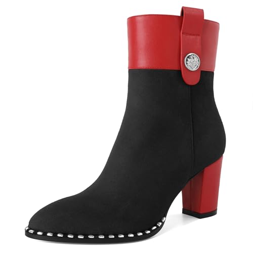 Elashe Damenstiefel Runde 3 Inch Hoher Blockabsatz Stiefelette Bequemer Reißverschluss Winterstiefel Schwarz Rot EU40 von Elashe