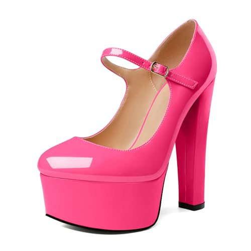 Elashe Frauen Block Chunky High High Heel Mary Jane Plattform Runder Knopf an Knöchel Knöchel Pumps Plattform Hochzeit Hot Pink EU42 von Elashe
