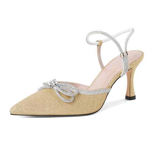 Elashe Glitzer Sandalen Damen Mit Absatz Gold Kitten Heel Spitz Zehe Slingback Schuhe Sandalen für Party und Hochzeit Gold EU42 von Elashe