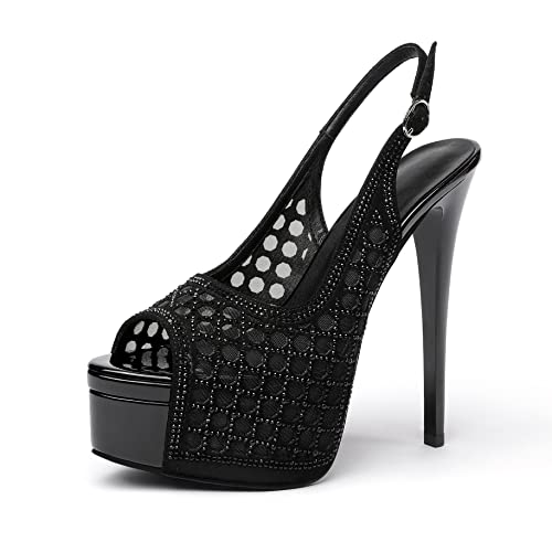 Elashe Peeptoe Damen High Heels Slingback Mesh Strass Stilettos Heels Plateau Absatzschuhe Schwarz EU38 von Elashe