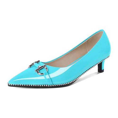 Elashe Pointed Toe Closed Toe Pumps für Frauen Kitten Heel 1.5 Inches Patent Leder mit Silber Perlen Trim Elegant und Modisch Party Kleid Schuhe Türkis EU41 von Elashe