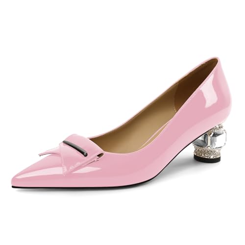 Elashe Pumps Damen Bequem Lackleder 5 cm Blockabsatz mit Funkelndem Kristall Strass Spitze Zehe Schlupf Großartig für Hochzeiten Galas & Rote Teppiche Rosa EU37 von Elashe