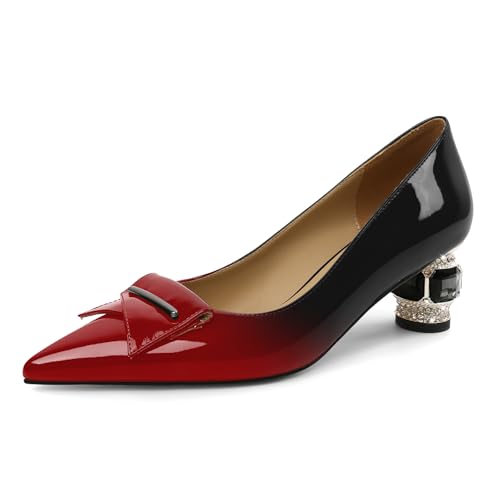 Elashe Pumps Damen Bequem Lackleder 5 cm Blockabsatz mit Funkelndem Kristall Strass Spitze Zehe Schlupf Großartig für Hochzeiten Galas & Rote Teppiche Rot Schwarz EU37 von Elashe