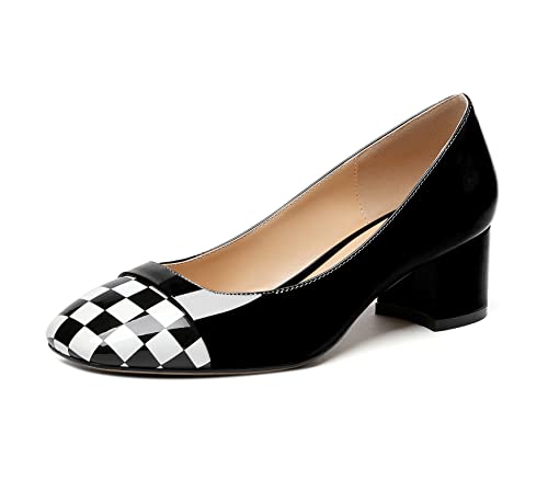 Elashe Pumps Damen Blockabsatz 5CM Klassische Pumps Schachbrett Schuhe Schwarz EU37 von Elashe