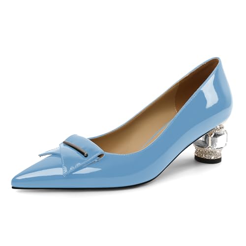 Elashe Pumps Damen Einfach zu Tragen Lackleder 5 cm Blockabsatz mit Funkelndem Kristall Strass Spitze Zehe Schlupf für Hochzeiten Galas & Alltag Hellblau EU41 von Elashe
