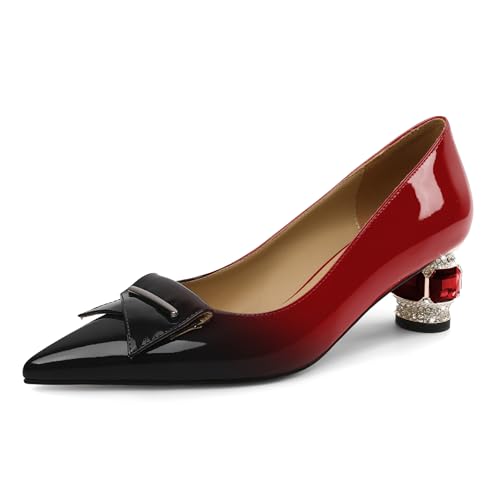 Elashe Pumps Damen Einfach zu Tragen Lackleder 5 cm Blockabsatz mit Funkelndem Kristall Strass Spitze Zehe Schlupf für Hochzeiten Galas & Alltag Schwarz Rot EU41 von Elashe