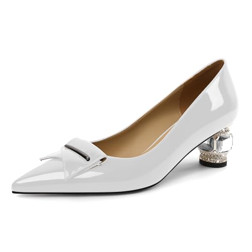 Elashe Pumps Damen Einfach zu Tragen Lackleder 5 cm Blockabsatz mit Funkelndem Kristall Strass Spitze Zehe Schlupf für Hochzeiten Galas & Alltag Weiß EU41 von Elashe