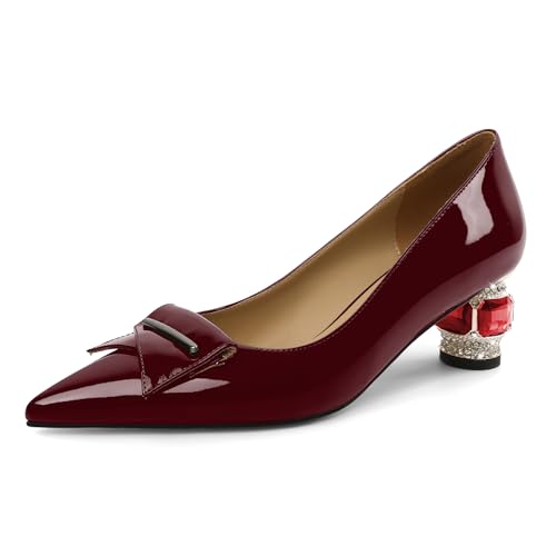Elashe Pumps Damen Elegant Lackleder 5 cm Blockabsatz Kristall Strass Details Spitze Zehe Schlupf für Hochzeiten & Rote Teppich Galas Bordeaux EU36 von Elashe