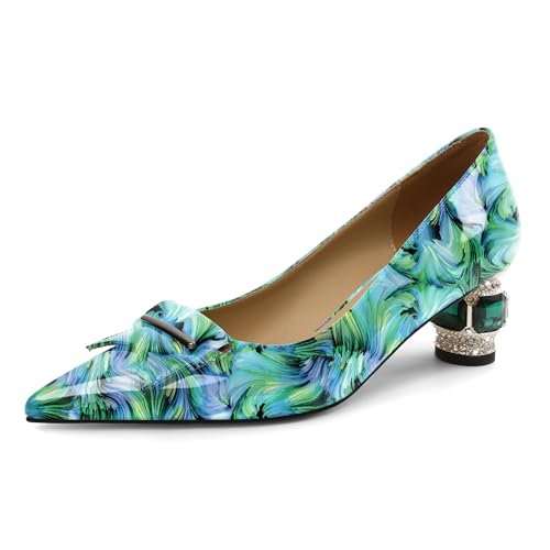Elashe Pumps Damen Elegant Lackleder 5 cm Blockabsatz Kristall Strass Details Spitze Zehe Schlupf für Hochzeiten & Rote Teppich Galas Floral Grün EU36 von Elashe