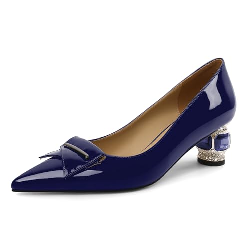 Elashe Pumps Damen Elegant Lackleder 5 cm Blockabsatz Kristall Strass Details Spitze Zehe Schlupf für Hochzeiten & Rote Teppich Galas Marineblau EU36 von Elashe