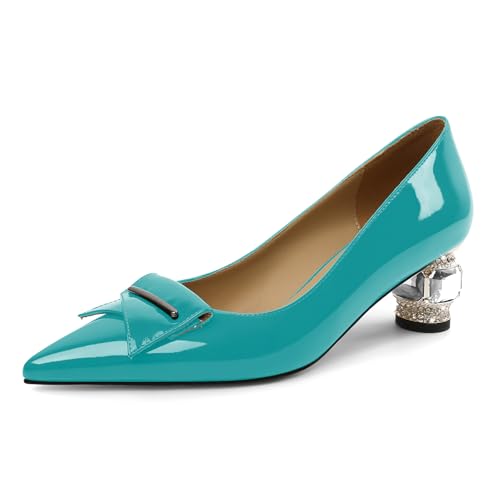 Elashe Pumps Damen Elegant Lackleder 5 cm Blockabsatz Kristall Strass Details Spitze Zehe Schlupf für Hochzeiten & Rote Teppich Galas Türkis EU36 von Elashe