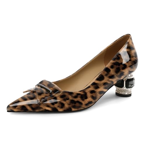 Elashe Pumps Damen Eventtauglich Lackleder 5 cm Blockabsatz Funkelnde Kristall Strass Akzente Spitze Zehe Schlupf für Hochzeiten Galas & Rote Teppich Leopard EU44 von Elashe