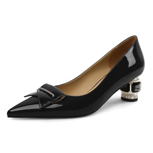 Elashe Pumps Damen Glamourös Lackleder 5 cm Blockabsatz Funkelnde Kristall Strass Akzente Spitze Zehe Schlupf für Hochzeiten & Galas Schwarz EU38 von Elashe