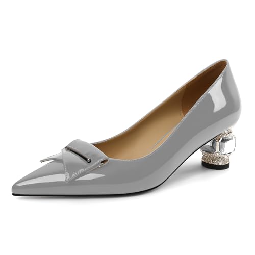 Elashe Pumps Damen Luxuriös Lackleder 5 cm Blockabsatz Kristall Strass Details Spitze Zehe Schlupf für Hochzeiten & Galas Grau EU42 von Elashe