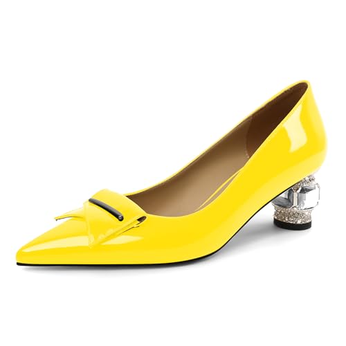 Elashe Pumps Damen Schlupf Lackleder 5 cm Blockabsatz mit Funkelndem Kristall Strass Spitze Zehe Perfekt für Hochzeiten Galas & Rote Teppich Gelb EU35 von Elashe