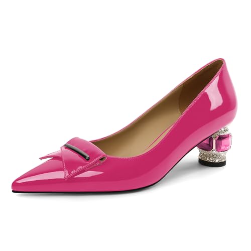 Elashe Pumps Damen Schlupf Lackleder 5 cm Blockabsatz mit Funkelndem Kristall Strass Spitze Zehe Perfekt für Hochzeiten Galas & Rote Teppich Heißes Rosa EU35 von Elashe