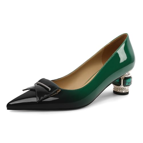 Elashe Pumps Damen Stilvoll Lackleder 5 cm Blockabsatz Funkelnde Kristall Strass Akzente Spitze Zehe Schlupf für Hochzeiten & Rote Teppich Schwarz Grün EU40 von Elashe