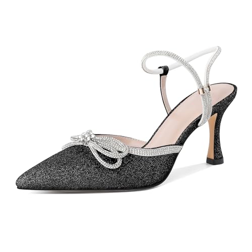 Elashe Sandalen Damen Mit Absatz Glitzer Kitten Heel Spitz Zehe Slingback Schuhe Sandalen Damen Elegant Für Hochzeit Black EU40 von Elashe