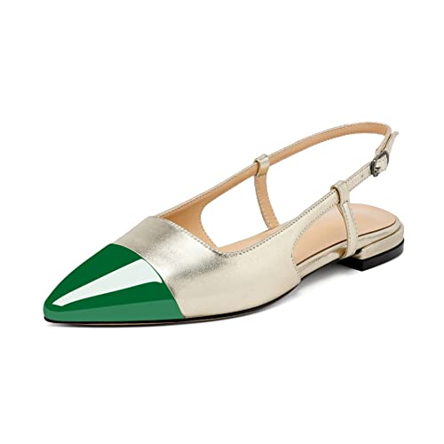 Elashe Slingback-Flats für Damen Spitze Zehen Niedriger Absatz, modische Spleiß-Schuhe für Hochzeit Büro 2CM Grün Gold EU35 von Elashe