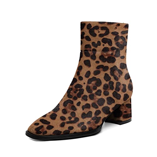 Elashe Stiefeletten Damen Chunky Blockabsatz Stiefel Herbst Schuhe Eckige Zehe Absatz für Büro Schuhe Unternehmen 5CM Leopard EU40 von Elashe