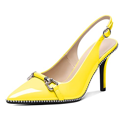 Elashe Stiletto High Heels Damen Pumps Spitz Party Slingback Heels Sexy Basic Schuhe 9CM Damen Geschlossen Abendschuhe mit Perlen Lackleder Gelb EU39 von Elashe