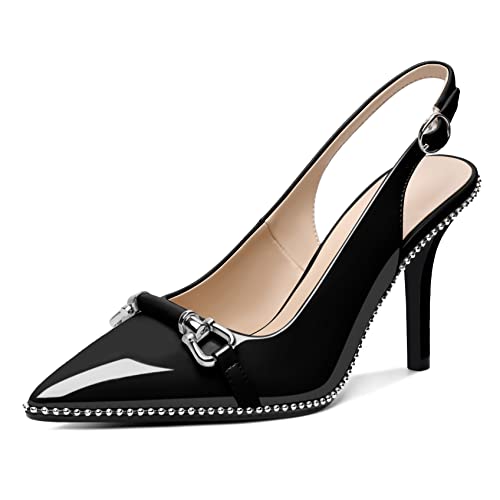 Elashe Stiletto High Heels Damen Pumps Spitz Party Slingback Heels Sexy Basic Schuhe 9CM Damen Geschlossen Abendschuhe mit Perlen Lackleder Schwarz EU37 von Elashe