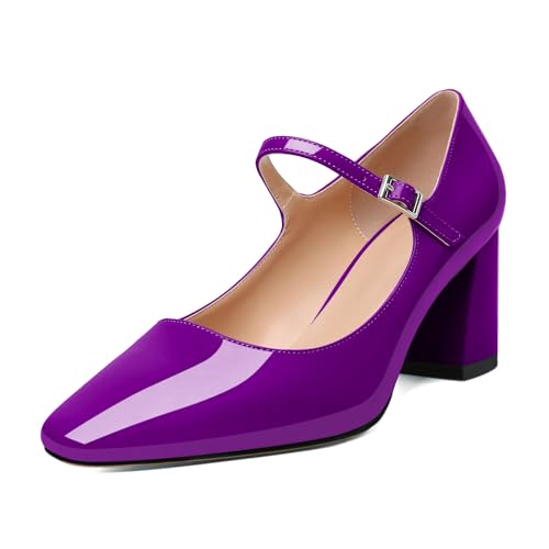 Elashe Women's Mary Janes Pumps Chunky Ankle Buckle Suqare Pumps Women's Classic Heels Block Elegant and Comfortable Shoes Purple EU45 von Elashe