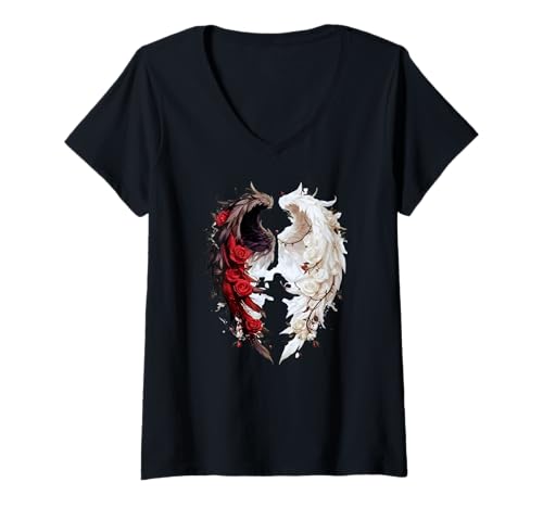 Damen Flügel in Schwarz mit weißer Farbe, Fantasy-Design T-Shirt mit V-Ausschnitt von Elastee