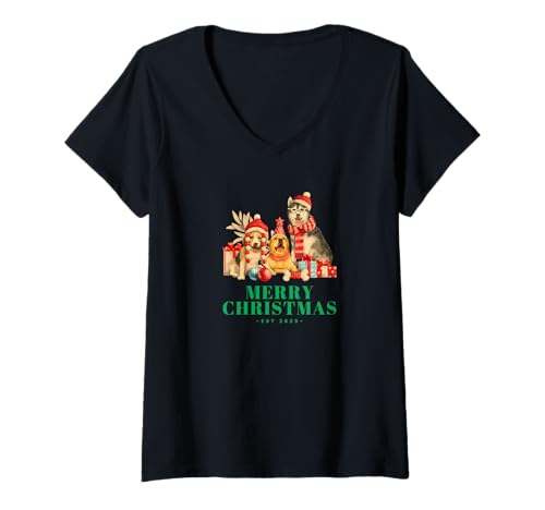 Damen Frohe Weihnachten süßes Hunde-Design T-Shirt mit V-Ausschnitt von Elastee