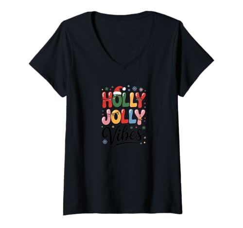 Damen Holly Vibes Weihnachtszeit-Design T-Shirt mit V-Ausschnitt von Elastee